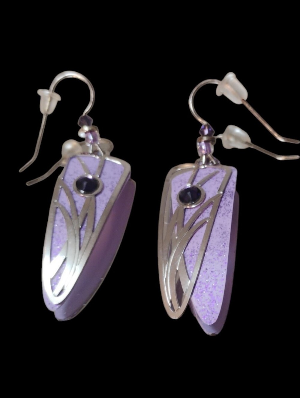 Adajio Earrings- Light Violet Trowel with Shiny Silver Reeds & Grasses Overlay - Picture 2 of 4